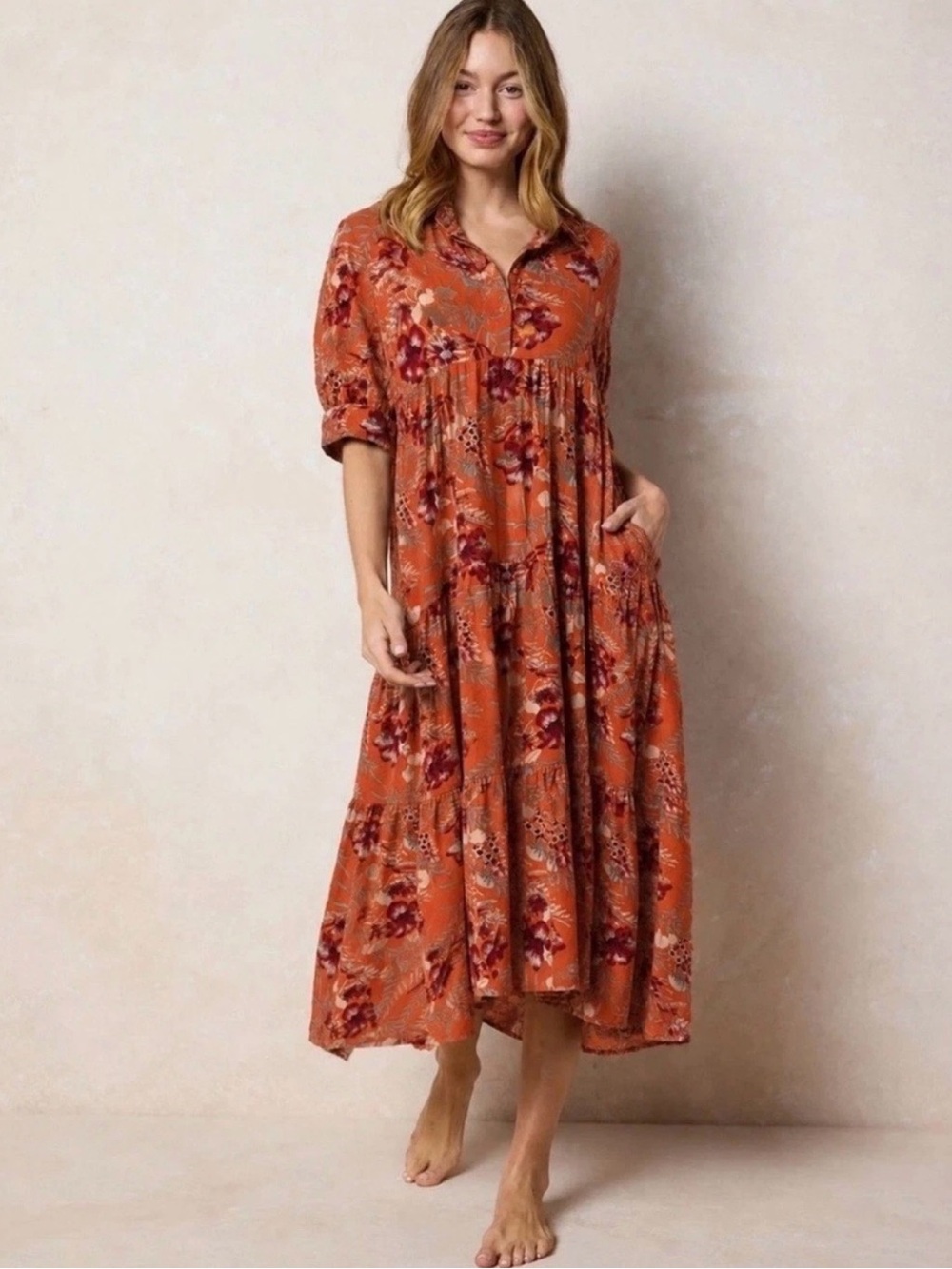 Natural Life Orange Floral Tiered Button Front Maxi Dress Size L